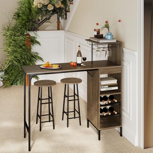 GOFLAME Bar Table Set for 2, Counter Height Dining Table Set with Shelves, Cup Holder & Wine Rack, Breakfast Table & Stools Set, 3-Piece Pub Table Set for Kitchen, Dining Room, Grey Oak - color: Grey Oak