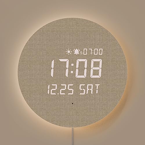 mooas Full Moon LED Silent Wooden Digital Wall Clock with Remote Control, Backlight Nightlight Digital Wood Wall Clock, Sunrise Alarm Melody, 5 Level Brightness Modern Decorative Office Livingroom - color: Full Moon