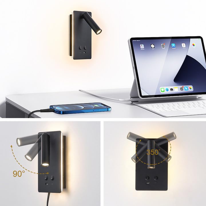 MOLUOLA LED Wall Lamp Wall Mounted Reading Lights, Adjustable Headboard Plug in Wall Sconce with USB C+A Ports, Headboard Bedside Lamp with 9W+3W Night Light 3000K (Black) - color: Black, size: 1 Pack