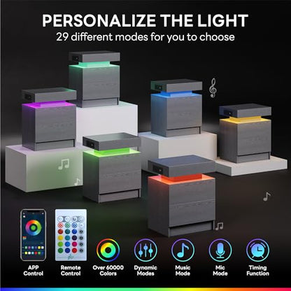 LIKIMIO Nightstand with Charging Station LED Light and 2 Drawers Grey | charging station; LED light; 2 smooth glide drawers; 13.8 D x 18.9 W x 23.6 H in; Grey wood grain - color: Grey