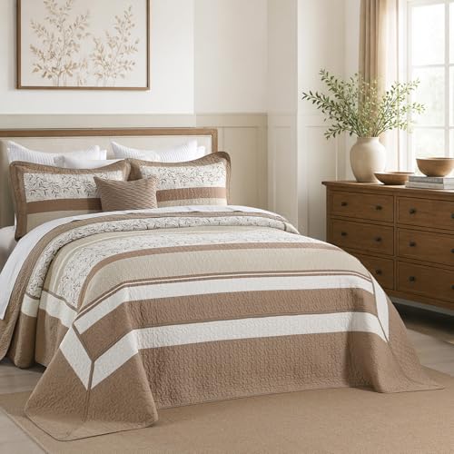 Quilta California King Quilt Set Oversized - Farmhouse Floral Striped Design Oversized King Bedspreads 128x120, 3-Piece 100% Cotton Lightweight Comforter Coverlet Bedding Set, Cal King, Brown/White - color: Brown/White/Warm Taupe, size: Cal King(128"x120"