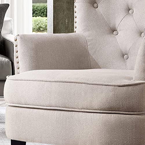 Rosevara Atlas Mid-Century Modern Accent Chair - Upholstered Tufted Armchair with Soft Cushion for Living Room, Bedroom & Small Spaces - color: Velvet Natural Beige