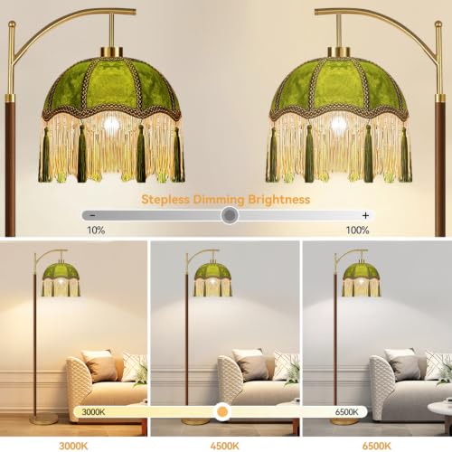 ILLMTW Green Floor Lamp for Living Room,Bedroom,Fringe Standing Lamp with Remote Dimmable,Victorian Mid Century Gold Arc Tall Lamp Boho Vintage Retro Wood Tassel Flower Unique Lamp Tiffany Decor - size: Floor Lamp-39