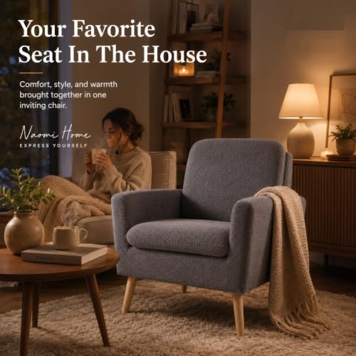 Naomi Home Frida Teddy Fleece Accent Chair, Mid-Century Modern Inspired Armchair with Plush Upholstery, Thick Cushioning & Oak Legs, Cozy Living Room Chair for Bedroom, Reading Nook & Lounge Seating | Thick Cushions, Ergonomic Backrest, Solid Oak Legs, Co