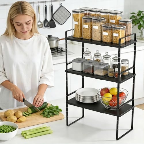 Expandable Cabinet Shelf Organizer, Stackable Kitchen Pantry Counter Storage, Adjustable Closet Cupboard Stand Rack Risers Spice Organization 80LBS Heavy Duty Black Small 1 Pack - color: Black Small