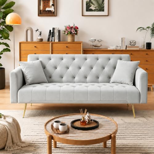 Anwick 72''Modern Velvet Sofa Bed Futon,Convertible Folding Sleeper Couches with 3 Adjustable Backrests,Tufted Recliner Loveseat with Golden Chrome Legs for Living Room Apartment Office (Grey) - color: Grey