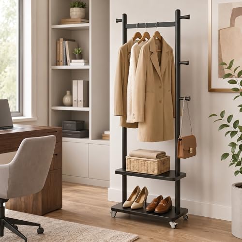 Coat Rack Freestanding Solid Wood Clothes Rack with Wheels | Space Saving, Stable 5 Hooks 2 Shelves Coat Tree, Silent 360 Degree Wheels, Heavy Duty 150 lb Capacity for Entryway Bedroom - color: Black, size: L: 23.6" x W: 11.8" x H: 70.9" (With Wheels)