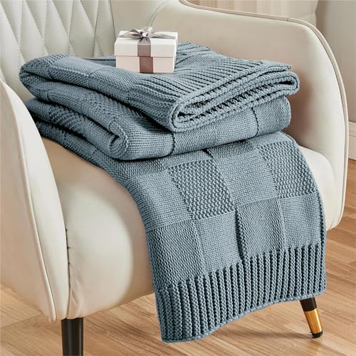 CozeCube Dusty Blue Knitted Checkered Throw Blanket 50"X60" | Check Knit Throw for Couch, Decorative Christmas Soft Cozy Warm Blanket for Bed Sofa Living Room - color: Dusty Blue, size: 50"X60"