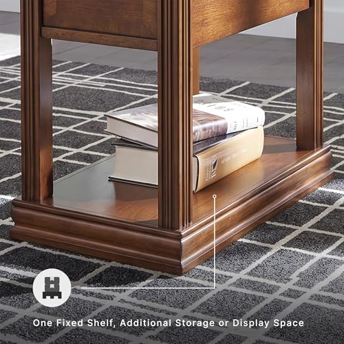 Signature Design by Ashley Breegin Narrow Chairside End Table | Rich dark brown wood veneers, Deep storage drawer with removable PVC tray, Compact 13-inch width fits tight spaces - color: Medium Brown