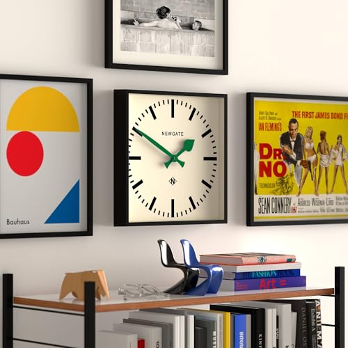 NEWGATE® Number Five wall Clock | Square Retro Inspired Modern Station Clock | 16" | Black with Green Hands | Mid-Century Style for Kitchen, Living Room or Office - color: Green