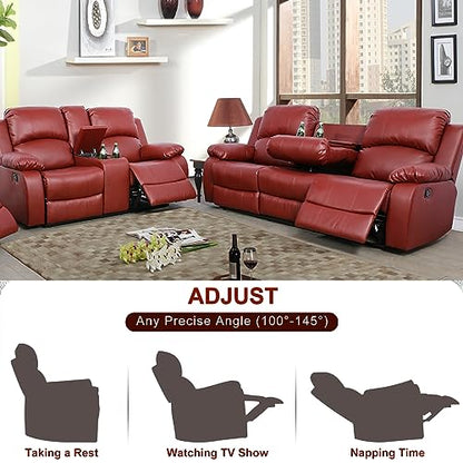 A Ainehome Living Room Furniture Set Leather Recliner Sofa Set Loveseat Chair Furniture Sofa Set for Living Room/Small Space/Rv/House/Office/Theater Seating (A-Red Leather, Sofa+Loveseat) - color: A-red Leather, size: Sofa+Loveseat