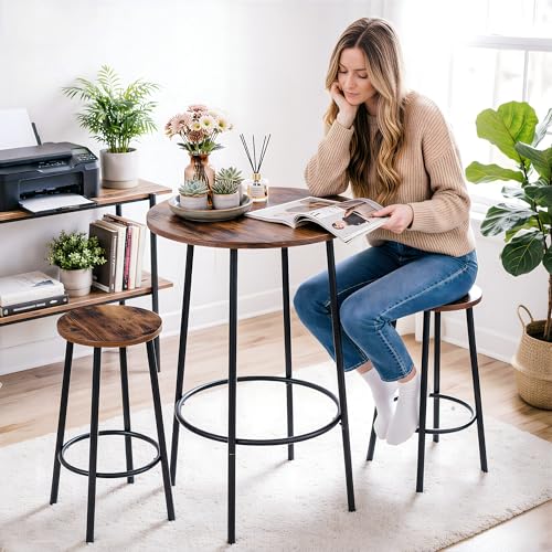 SUPER DEAL Round Pub Dining Set, 3 Piece Small Kitchen Table Set with 2 Counter Height Wood Bar Stools for Kitchen Breakfast, Living Room, Small Space, Rustic Brown