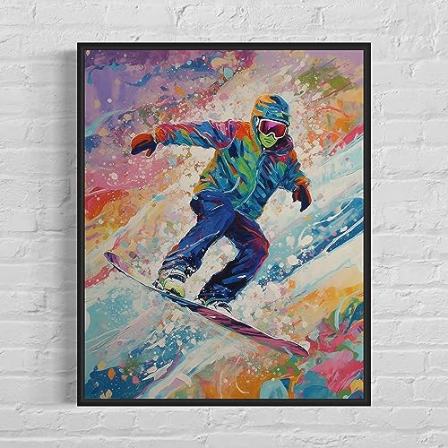 HomeArtPrint Snowboarding Art Print Poster, Wall Art Painting Decor. Paint Splash Style Artwork. (Snowboarding, 11x14 inches + (Black Frame)) - color: Snowboarding, size: 14"L x 11"W