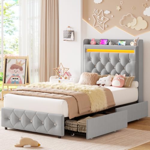 Garvee Twin Upholstered LED Bed Frame with Storage Headboard, Gray | Twin Bed with Charging Station and 2 Drawers, Soft Velvet Princess Platform Bed for Kids, No Box Spring Needed, Easy Assembly - color: Grey, size: Twin