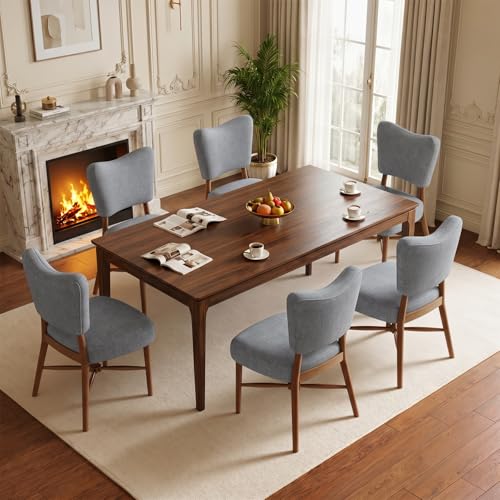 Dining Chairs Set of 6, Linen Upholstered, Solid Wood Legs, Gray | Mid Century Farmhouse, Cross-Brace Reinforced, Padded Cushion, Easy 15-Min Assembly, Kitchen Dining Room - color: Grey, size: Set of 6