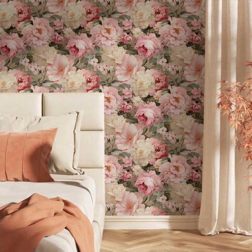Pink Beige Cream Large Vintage Peony Floral Peel and Stick Wallpaper Wall Decor Self Adhesive Wall Paper Stick on Easy Peel Off Contact for Renter Apartment - color: Pink/Cream, size: 17.7" x 118"