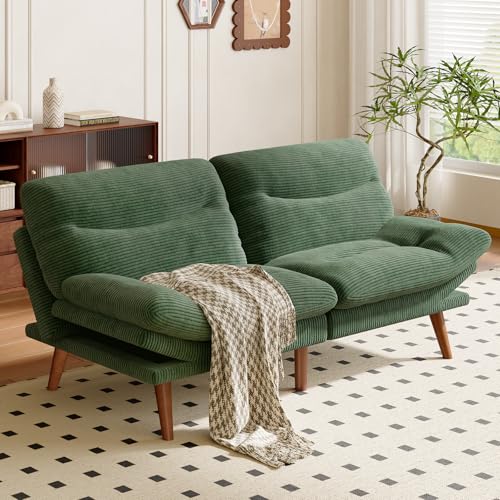 Amada 75 inch 3-in-1 Convertible Futon Sofa Bed, Green | Adjustable backrest and armrests, heavy-duty wood frame and solid wood legs, loveseat for compact apartments and offices - color: Green, size: 75 Inch