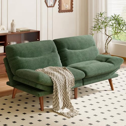 Amada 75 inch 3-in-1 Convertible Futon Sofa Bed, Green | Adjustable backrest and armrests, heavy-duty wood frame and solid wood legs, loveseat for compact apartments and offices - color: Green, size: 75 Inch