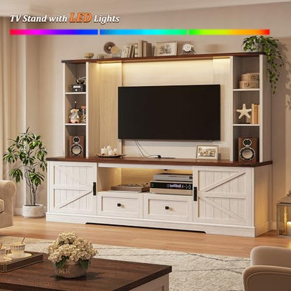 EnHomee Farmhouse Entertainment Center for 60" TV with LED & Power Outlets | Tall TV Console Wood TV Stand with Storage Shelves,Bookshelf for Living Room, Bedroom, White - color: White