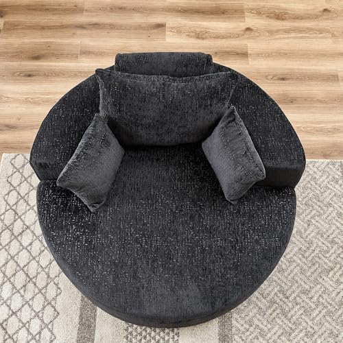 55" Oversized Round Chaise Longue Chair Indoor, Upholstered Chenille Circle Single Cloud Reading Sofa Chair Deep Seat Modern Boneless Sleeper Couch No Assembly Required, Black - color: Black, style: 55"Chenille