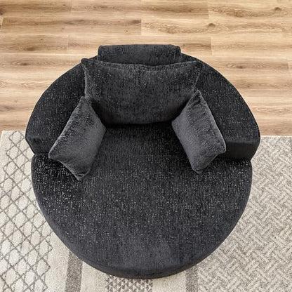 55" Oversized Round Chaise Longue Chair Indoor, Upholstered Chenille Circle Single Cloud Reading Sofa Chair Deep Seat Modern Boneless Sleeper Couch No Assembly Required, Black - color: Black, style: 55"Chenille