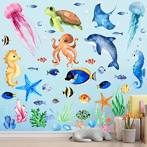 4 Sheets Ocean Fish Wall Decals Stickers Sea Wall Decal Stickers Removable Sea Life Marine Animal Sticker Underwater Ocean Creatures Decor for Kids Girls Boy Nursery Bedroom Bathroom | Vivid Sea Life and Marine Animal Sticker,Removable,Underwater Ocean Cr