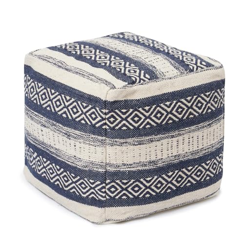 · REDEARTH · Pouf Ottoman with Filler Textured Storage Cube Bean Bag Pouffe Footrest for Living Room, Bedroom, Nursery, Home Decor; 100% Cotton (17.5"X17.5"X17.5", Indigo Impressions) - color: Indigo Impressions