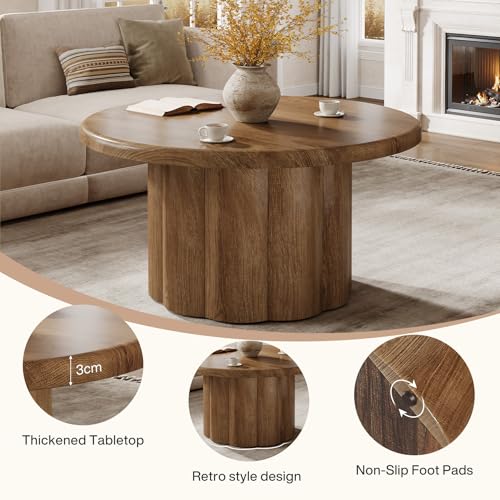 Tribesigns 31.5" Round Coffee Table for Living Room, Farmhouse Circle Center Cocktail Table with Fluted Drum Base, Wooden Living Room Furniture for Apartment, Small Space, Brown
