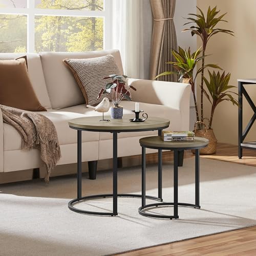Yaheetech Round Nesting Coffee & Side Table Set of 2 for Living Room, Gray | Space-Saving Nesting Design, Engineered Wood Tops on Black Metal Frames, Use Apart as End Tables, Easy Assembly, 99 lb Max - color: Grey