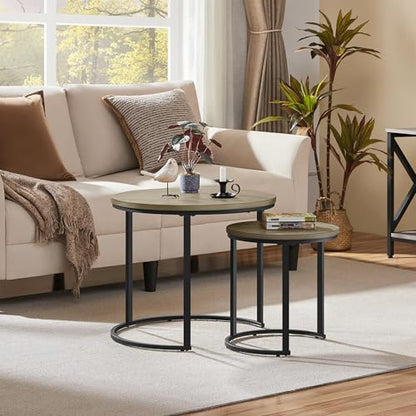 Yaheetech Round Nesting Coffee & Side Table Set of 2 for Living Room, Gray | Space-Saving Nesting Design, Engineered Wood Tops on Black Metal Frames, Use Apart as End Tables, Easy Assembly, 99 lb Max - color: Grey