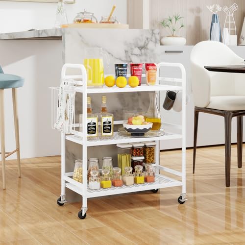 HDANI 3 Tier Metal Mesh Utility Cart,Large Capacity Multipurpose Heavy Vehicle,Rolling Trolley with to Hooks and One Basket(White) - color: White, size: Large Mesh with Basket