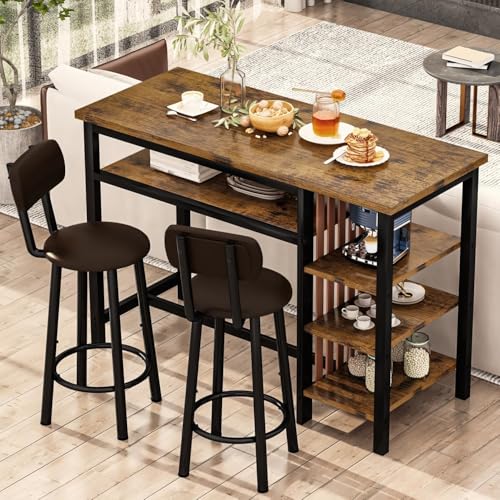 Recaceik 47" Bar Dining Table Set for 2, 3 Piece Bar Table and Chairs Set, Kitchen Counter Height Dining Table Set, Small Kitchen Bar Table with Storage & 2 Stools, Breakfast Nook Set for Small Space - size: 47 inches