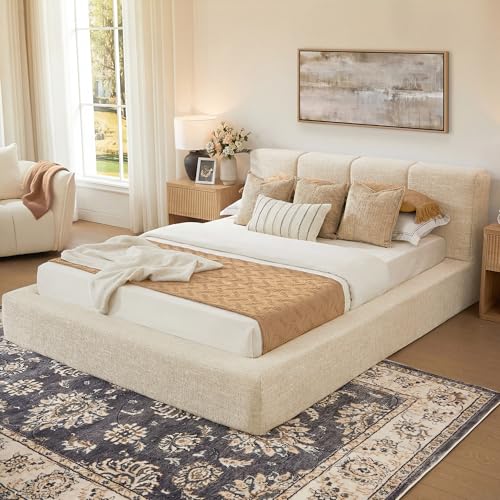 Cloud Queen Bed Frame with 6'' Headboard, 5.1'' Thick Foam Bed Frame with Culp Fabric Upholstered, Modern Floor-Standing Metal Platform Support, Easy Assembly, No Box Spring Needed, Cream - color: Birchbrook Cream, size: Queen (U.S. Standard)