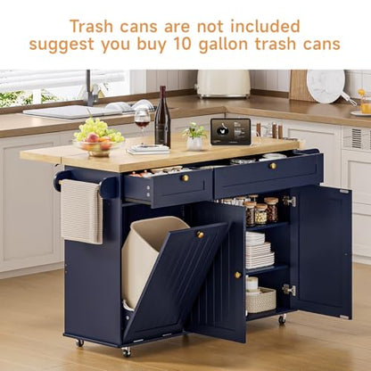 60" Kitchen Island with Power Outlet & Drop Leaf, Rolling Island with Spice Rack & Towel Rack, Kitchen Island Cart with Trash Storage Cabinet, Island Table for Kitchen, Blue - color: Blue