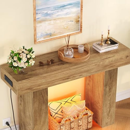 47.2" Entryway Table, Console Table with Charging Station and Adjustable LED light, Farmhouse Wood Sofa Table, Behind the Couch Table, Narrow Console Table, Entry Table for Hallway, Living Room - color: Natural, size: 47.2 IN