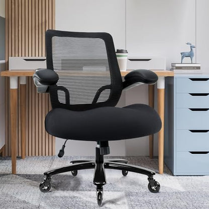 Kassipo Big and Tall Office Chair with Flip-Up Armrests, Black | 500LBS Capacity, Spring-Reinforced Memory Foam Seat & Heavy-Duty Base - color: Black