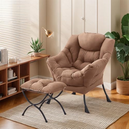 Lazy Chair with Ottoman, Soft Comfy Chair for Bedroom, Khaki | Reading Accent Lounge Chair with folding Foot Stool for Living Room Dorm Apartment, sturdy metal frame - color: Khaki