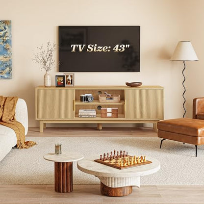 54 Inch Fluted TV Stand for TVs Up to 55, 60 Inch, Mid Century Modern Entertainment Center with Storage, TV Console with Adjustable Shelves, Midea Console for Living Room Bedroom, Beige - color: Nature