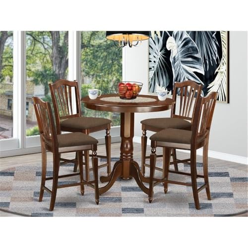 East West Furniture JACH5-MAH-C 5 Piece Counter Height Dining Table Set Includes a Round Kitchen Table with Pedestal and 4 Linen Fabric Upholstered Dining Chairs, 36x36 Inch, Mahogany - color: Jach5-mah-c