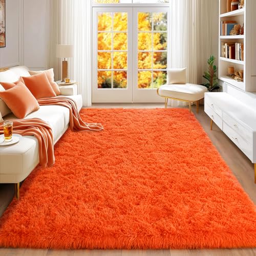 5x7 Area Rug for Living Room Bedroom, Orange Ultra Fluffy Shag Area Rugs | Upgrade Anti-Skid Durable, High Pile Soft Rug Fuzzy Carpet for Living Room Bedroom Kids Girls and Boys Room Dorm Home Decor - color: Orange, size: 5' x 7' (Rectangular)