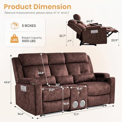 Power Reclining Loveseat with Flip Backrest, Power Loveseat Recliner Sofa with LED Lights, Bluetooth Speaker, 3-Seater Recliner Sofa with Arm/Seat Storage (Brown, Loveseat with Console) - color: Brown, size: Loveseat with Console