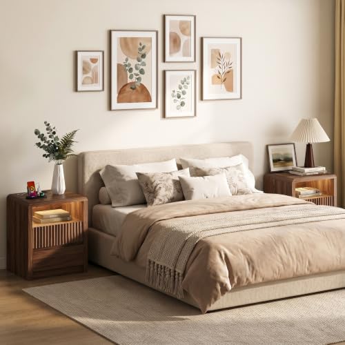 LYNSOM Fluted LED Nightstand Set of 2, Charging Station & 2 Drawers, Walnut | Mid Century Modern Night Stand with Stoarge, Wood Bedside End Table with Curved Edge for Bedroom, Living Room, Office, 20" W - color: Walnut, size: 2 Drawers