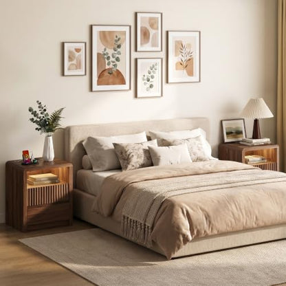 LYNSOM Fluted LED Nightstand Set of 2, Charging Station & 2 Drawers, Walnut | Mid Century Modern Night Stand with Stoarge, Wood Bedside End Table with Curved Edge for Bedroom, Living Room, Office, 20" W - color: Walnut, size: 2 Drawers