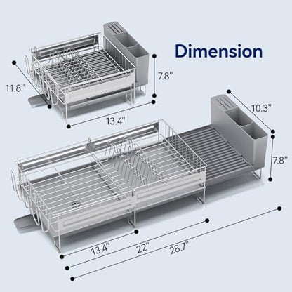 Stainless Steel Dish Drying Rack - Expandable Dish Racks for Kitchen Counter Organizer with Drain Board, Detachable Utensil & Cup Holder, Dish Drainer for Small Kitchen Counter, Grey - color: Gray