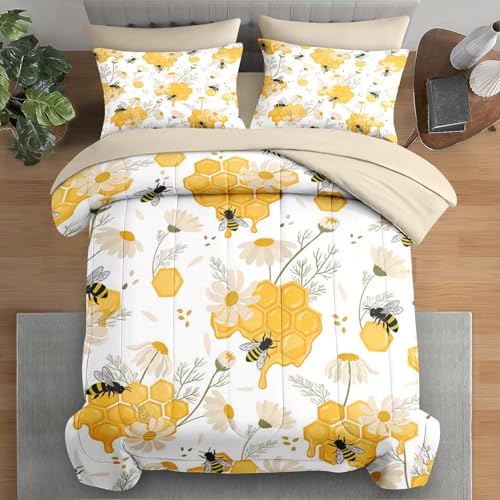 Pamnest Twin Comforter Set with Sheets, 5 Pieces Bees Honey Bedding | Bed in A Bag for All Season, Flower Spring Floral for Kids and Adults, Pillowcase & Sham - color: Bees, size: Twin