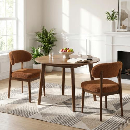 Wooden Dining Room Chairs Set of 2, Modern Upholstered Teddy Fabric Kitchen Chairs with Ergonomic Curved Back, Farmhouse Dining Side Chair with Solid Wood Frame for Kitchen Room, Brown - color: Brown
