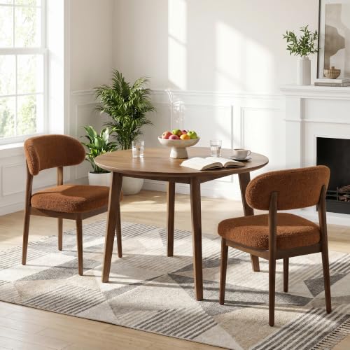 Wooden Dining Room Chairs Set of 2, Modern Upholstered Teddy Fabric Kitchen Chairs with Ergonomic Curved Back, Farmhouse Dining Side Chair with Solid Wood Frame for Kitchen Room, Brown - color: Brown