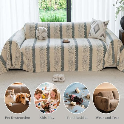 Sherpa Fleece Couch Cover for 2 Cushion Sofa, Gray, 71" x 118" – Pet Proof Sofa Covers, Heavy Duty, Scratch Resistant, Pet Friendly Furniture Cover – Easy Install, Machine Washable - color: Stripe 3 Gray, size: 71" x 118"