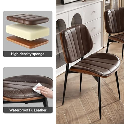 Dining Chairs Set of 2, Mid Century Modern Dining Room Chair, Upholstered Faux Leather Kitchen Chairs with Walnut Bentwood Back and Metal Legs for Kitchen Dining Living Room, Coffee - color: Coffee, size: Set of 2