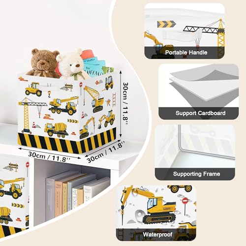 Clastyle 11.8" Car Storage Basket Set of 3 for Kid Boy Toy Clothes Bin | Collapsible Fabric Book Bin, Metal Frame Bottom Board, Cube Organizer, Closet Nursery Pantry Shelf Bedroom, Construction Car - color: Yellow Vehicle, size: 30x30x30 cm